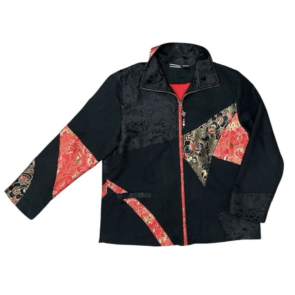 Vintage Chico’s Patchwork Jacket Asian Brocade Red Black Mandarin Art Size 2 Zip